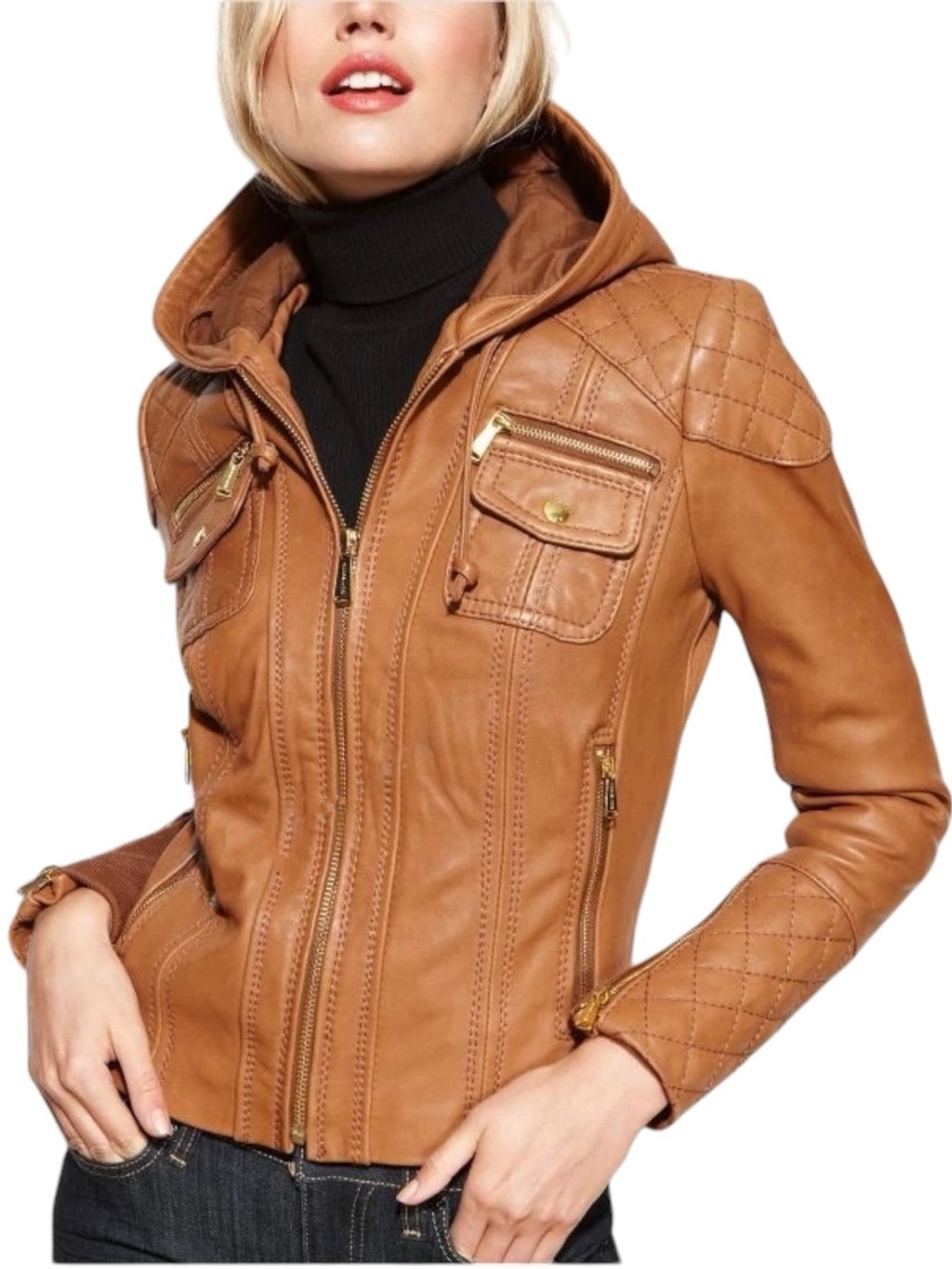 MICHAEL KORS Cognac Caramel Brown Quilted Leather Hooded Zip Up Moto Jacket NWOT